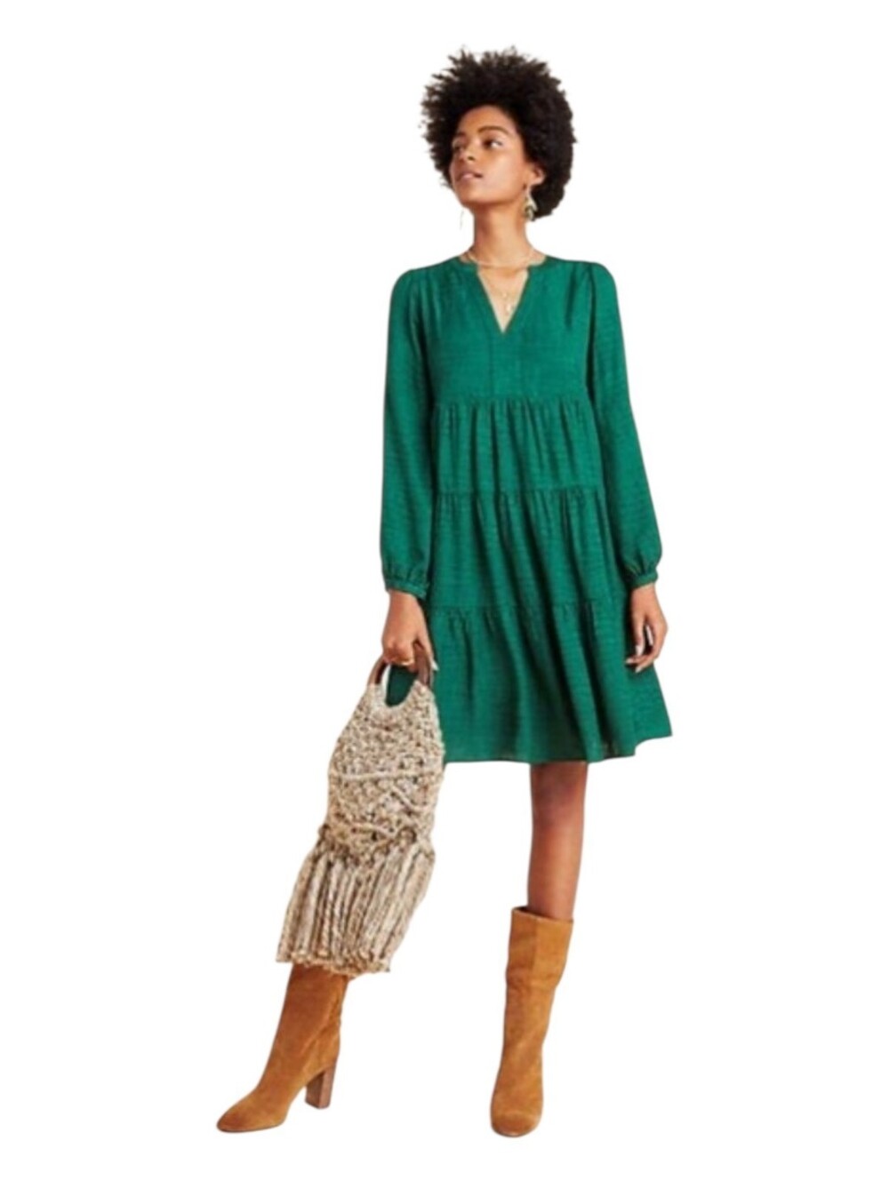 Anthropologie Maeve Amber Tiered Tunic Dress Sz Small Emerald Green